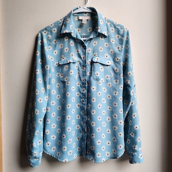 LOFT Tops - LOFT Blue Floral Button Down Shirt Size XS